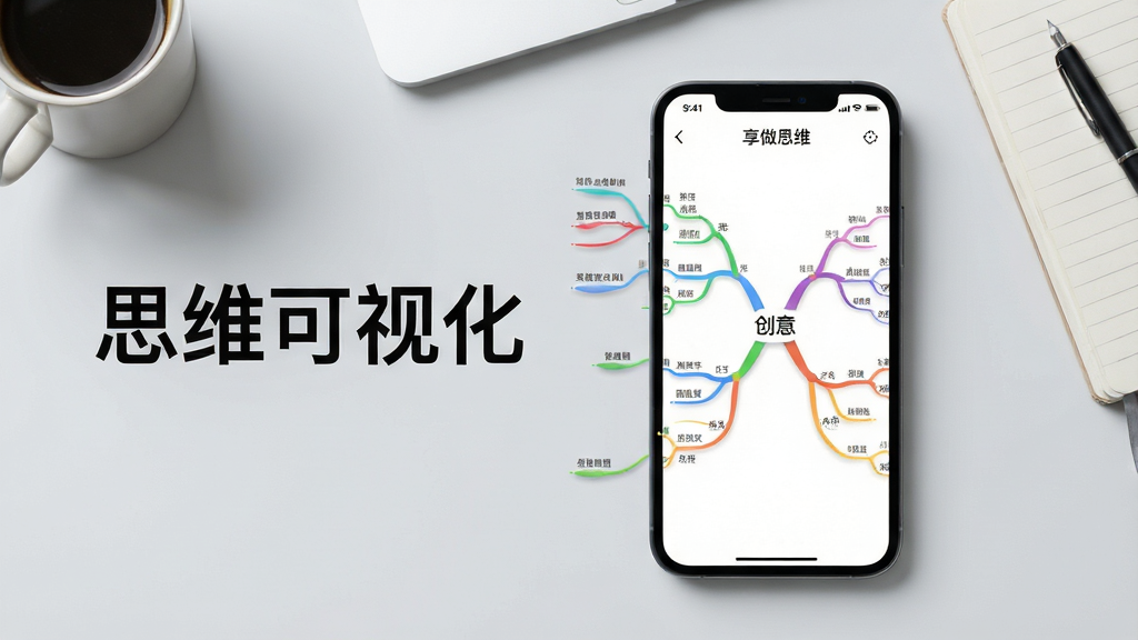 主体:一部屏幕亮起的手机,屏幕上展示着一款名为“享做思维”的思维导图软件界面,界面中有一个中心主题“创意”向四周延伸出彩色分支;布局:手机位于画面中央偏右,左侧留白用于放置文字“思维可视化”;排版:手机界面中的导图结构清晰,分支节点文字锐利;风格:现代扁平化结合轻微拟物质感,色彩明快;细节:背景为干净的浅灰色工作台,桌面上有咖啡杯和笔记本,营造专注氛围;画质:8K超高清,细节丰富,干净,无多余元素。