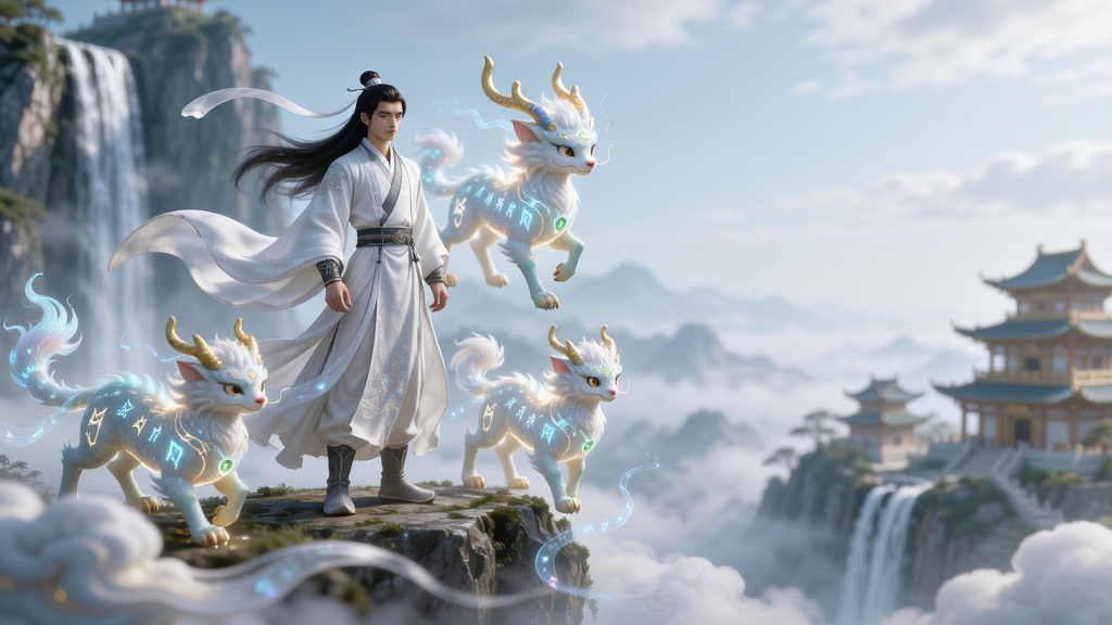 主体:一位身着飘逸白色仙袍的主角,站在云雾缭绕的仙山巅峰,身边环绕着散发柔和光芒的神兽仙灵。布局:主角居中偏左,右侧留白给仙灵与远景的琼楼玉宇,画面纵深感强。排版:主体突出,背景虚化,前景有几缕飘动的云雾。风格:精美国风CG插画,色彩清新淡雅,光影柔和。细节:主角衣袂飘飘,仙灵身上有流动的符文光效,远处有飞流直下的瀑布和古建筑群。画质:8K超高清,细节丰富,干净,无多余元素。
