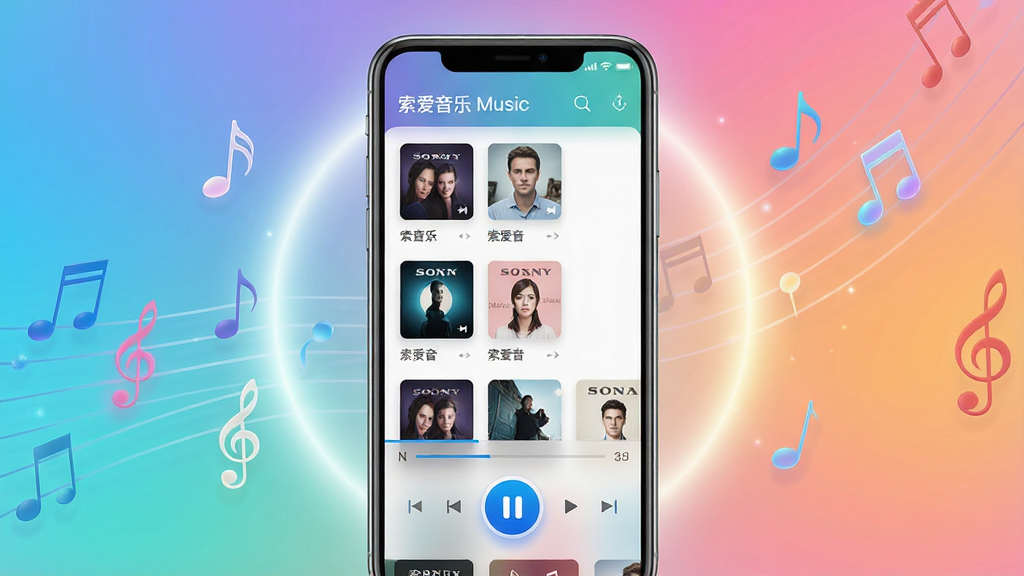 主体:智能手机屏幕展示索爱音乐APP界面,界面中有专辑封面列表和播放控制条,整体风格现代简洁。布局:手机居中,屏幕内容清晰可见,周围有柔和的光晕和漂浮的音符元素。排版:手机位于画面中心,背景为渐变色,音符点缀四周。风格:科技感与音乐氛围结合,色彩明亮通透。细节:屏幕中显示“索爱音乐”字样,界面元素精细,播放按钮醒目。画质:高清渲染,干净无多余元素。