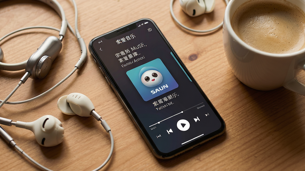 主体:一部手机正在播放索爱音乐APP中的歌曲,屏幕显示歌词和专辑封面,旁边有耳机和一杯咖啡。布局:手机斜放,周围摆放配件。排版:手机屏幕内容清晰,背景为木质桌面。风格:生活化场景,温暖色调。细节:屏幕上有“索爱音乐”字样和播放界面。画质:高清,干净无多余元素。