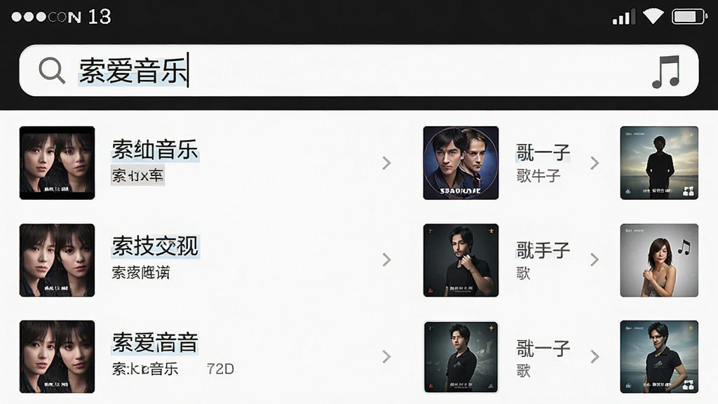 主体:索爱音乐APP的搜索界面,搜索框内有“索爱音乐”关键词,下方展示搜索结果列表,每项显示歌曲名、歌手和专辑封面缩略图。布局:界面截图样式,搜索框在顶部,结果列表向下延伸。排版:列表整齐排列,封面图统一大小。风格:简洁清晰,符合移动应用界面设计。细节:高亮显示匹配文字,搜索结果丰富。画质:高清,界面无多余元素。