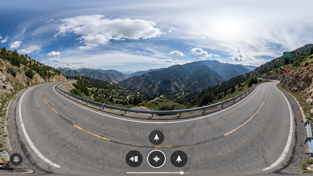 一张山川全景导航全景实景模式的界面预览图,主体是360度全景照片浏览界面,展示了一条蜿蜒的山间公路,布局为全屏沉浸式,底部有视角切换按钮,排版简洁,风格写实摄影,细节清晰可见,画质高清干净,无多余元素。