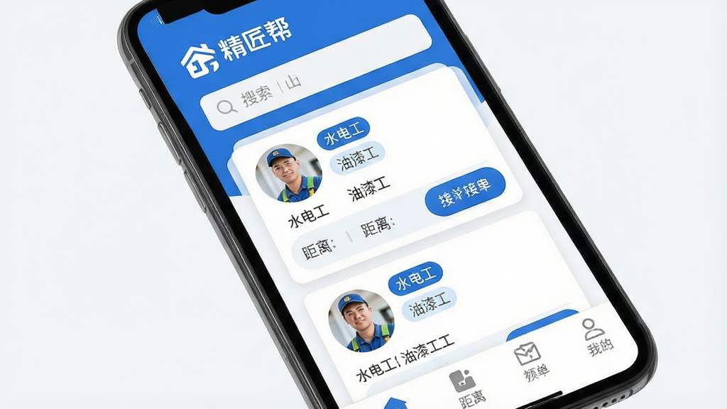 一张智能手机屏幕展示精匠帮APP主界面,界面顶部有“精匠帮”品牌标识与搜索栏,中部以卡片式布局展示多个装修工人接单任务,每张卡片包含工人头像、技能标签如“水电工”“油漆工”、距离与接单按钮,底部导航栏图标清晰,整体风格简洁现代,蓝白主色调,UI设计干净明亮,高画质,无多余元素