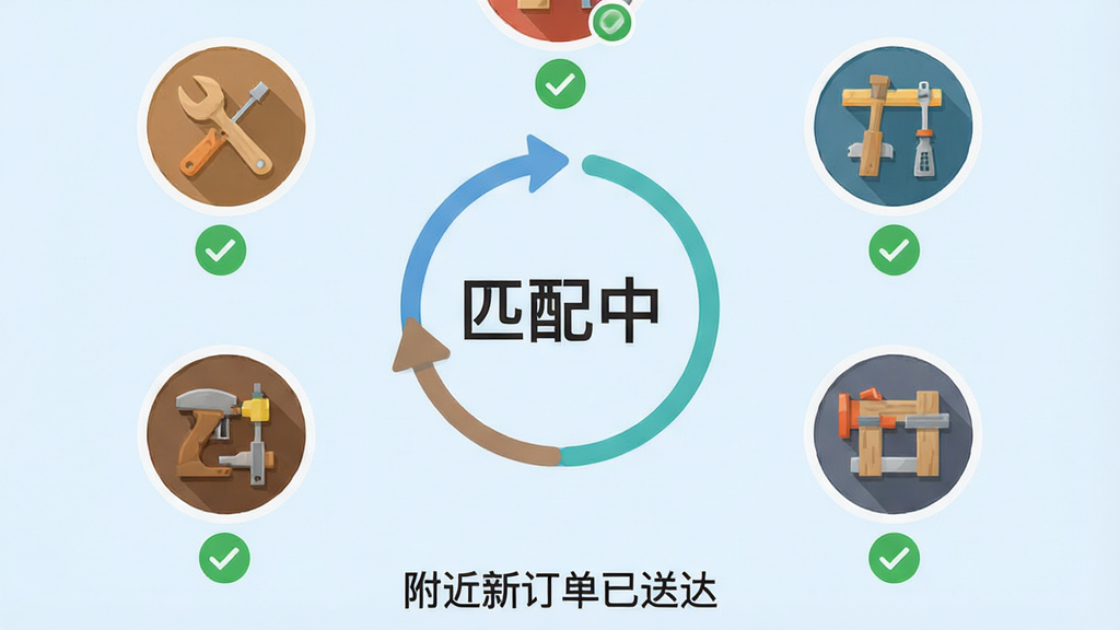 精匠帮APP订单匹配界面截图,背景为淡蓝色,屏幕中央显示一个醒目的“匹配中”动画,周围环绕多个圆形图标分别代表木工、电工、油漆工等工种,每个图标下方有绿色对勾,底部有一行文字“附近新订单已送达”,整体布局扁平化,图标细节丰富,画质清晰,无多余元素
