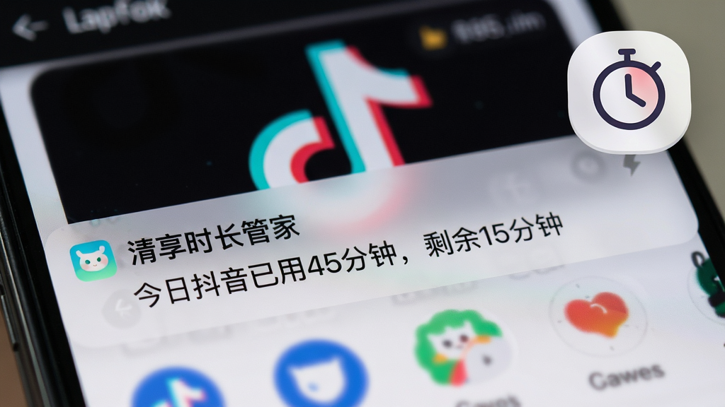 手机通知栏展示“清享时长管家”提醒消息,内容为“今日抖音已用45分钟,剩余15分钟”,背景为模糊的抖音界面,右上角悬浮一个小时钟图标,画面聚焦在通知栏,风格写实,光线柔和,高清画质,无多余元素