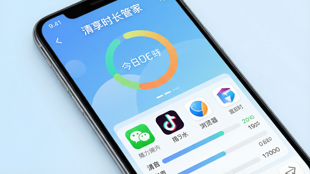 一张展示智能手机屏幕的俯拍图,屏幕中清晰显示“清享时长管家”主界面,界面上方是今日使用时长环形统计图,下方排列着微信、抖音、浏览器等应用图标及对应时长条,背景为浅蓝色渐变,整体风格干净明亮,现代感强,高清渲染,细节丰富,无多余元素