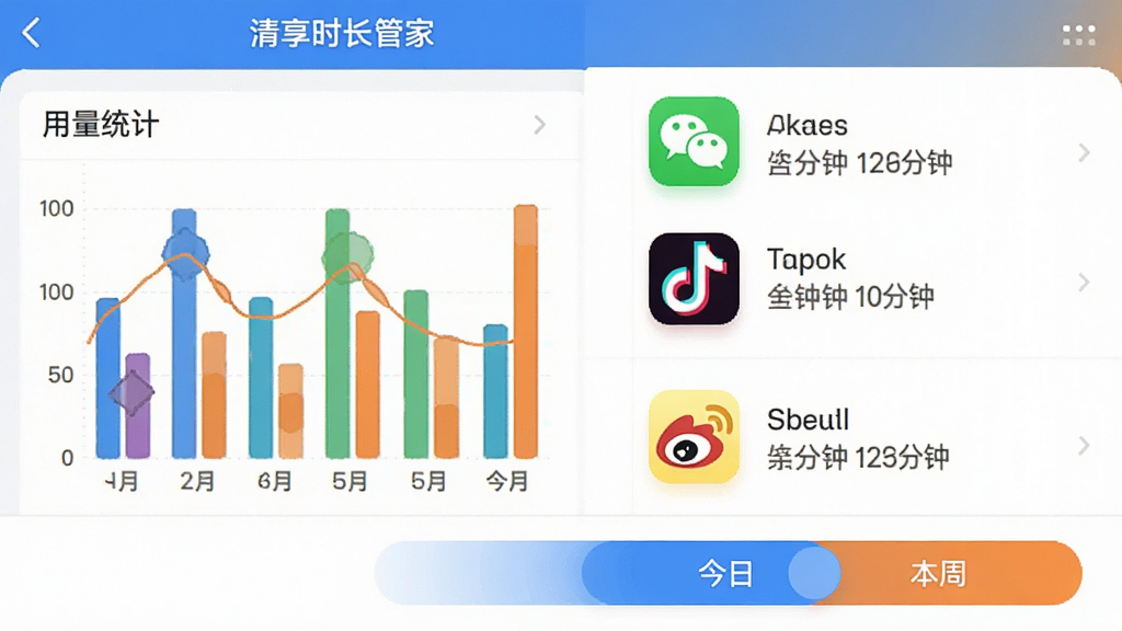 清享时长管家应用内“用量统计”页面特写,左侧是彩色柱状图,右侧对应显示微信、抖音、微博等图标及具体分钟数,底部有今日/本周切换按钮,界面以白色为底,辅以蓝色和橙色点缀,扁平化设计风格,画质干净清晰,无多余元素