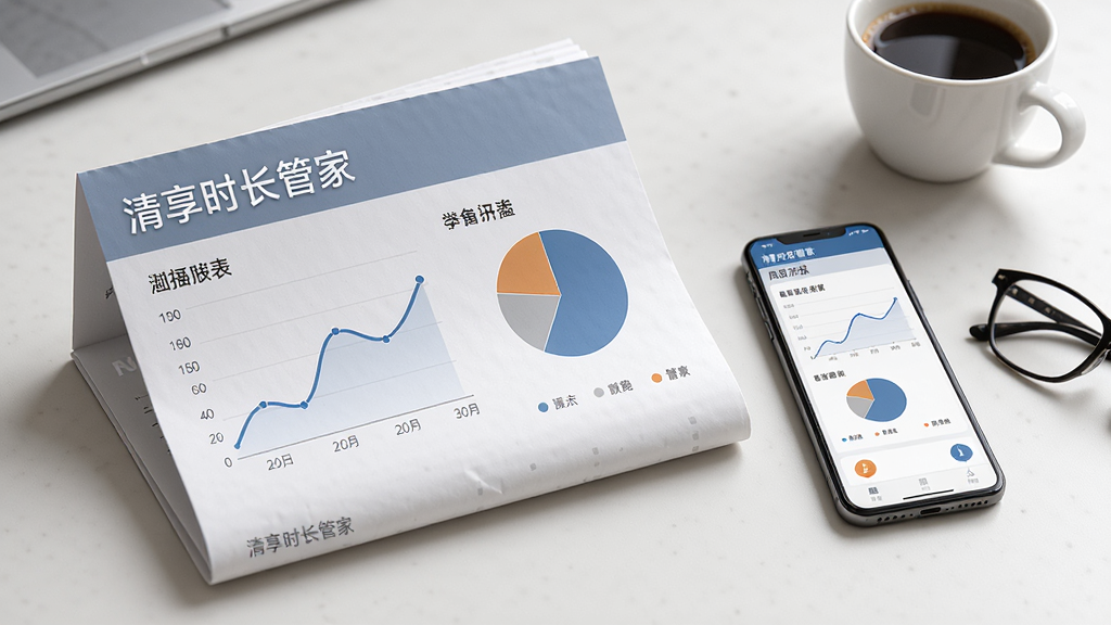 一张折叠的纸质报告上印有“清享时长管家”周报图表,包含折线图和饼图,旁边放着一部手机,屏幕显示相同数据,桌面上还有一杯咖啡和眼镜,整体商务风格,浅色背景,细节精致,画质高清,无多余元素