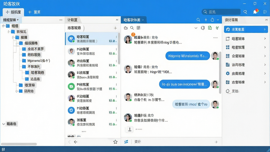 一张展示哈客软件主界面的高清截图,界面布局清晰,左侧为组织架构树与聊天列表,右侧为对话窗口与功能面板,整体风格简洁现代,以蓝色和白色为主色调,图标精致,文字清晰,画质干净,无多余元素,哈客软件预览图