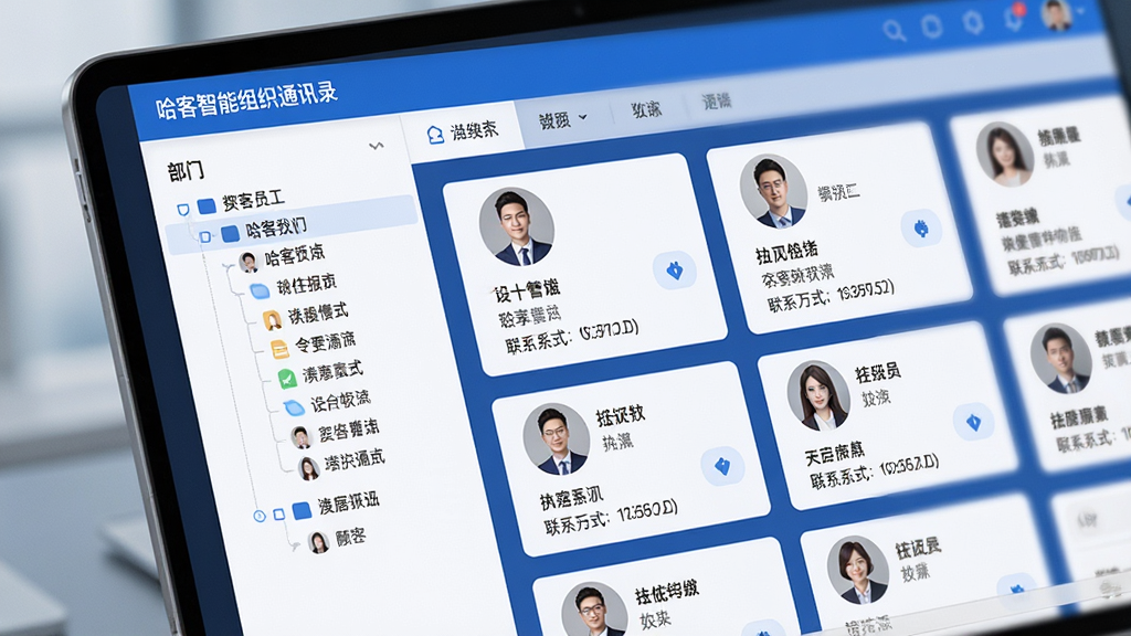 一张展示哈客智能组织通讯录界面的图片,屏幕上显示清晰的部门树状列表与员工卡片,卡片包含头像、姓名、职位与联系方式,界面风格商务大气,蓝白配色,光影柔和,细节丰富,画质干净,哈客软件预览图
