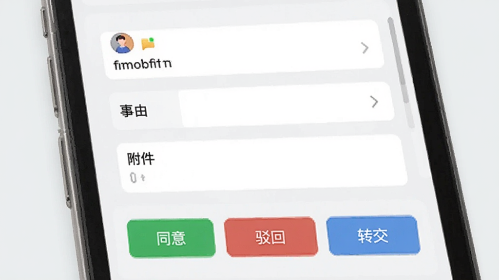 一张展示哈客审批流程界面的图片,手机屏幕上显示一个审批表单,包含报销金额、事由、附件等字段,下方有“同意”、“驳回”与“转交”按钮,界面设计简洁明了,背景为浅灰色,图标醒目,色彩搭配舒适,画质干净,哈客软件预览图