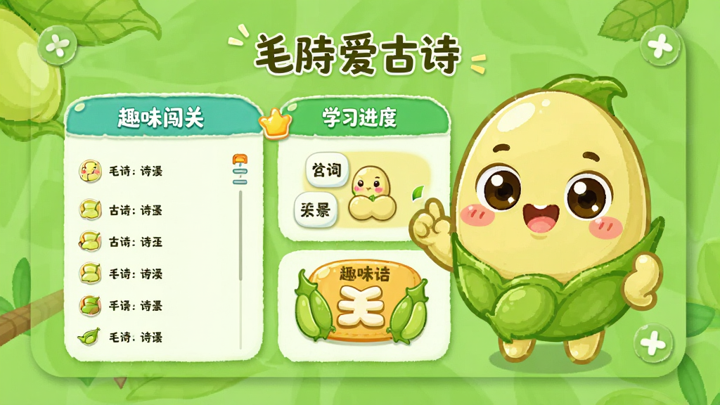 毛豆爱古诗主界面预览图,卡通风格,可爱毛豆形象,绿色清新背景,主界面有古诗列表、学习进度、趣味闯关等模块,排版整齐,色彩明快,高清画质,干净无多余元素