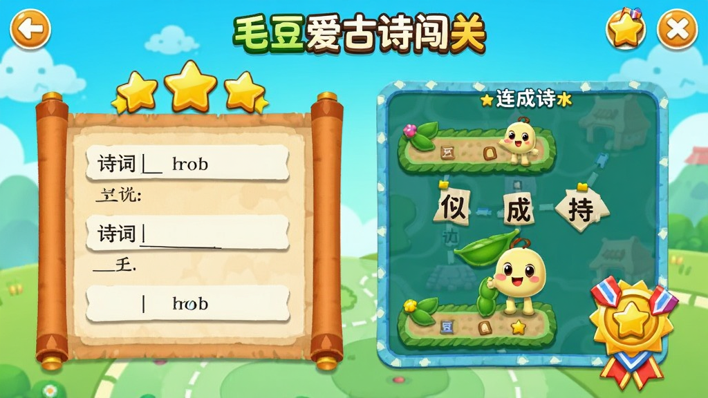 毛豆爱古诗闯关游戏界面,有诗词填空和连字成诗小游戏,卡通毛豆角色在闯关地图上,界面有星星奖励和勋章,色彩鲜艳,游戏风格,高清画质,干净无多余元素