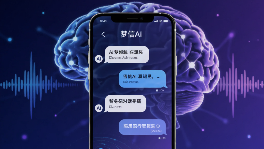 以“梦信AI”为主体的智能对话场景插画,画面中手机屏幕显示与AI的连续对话气泡,背景为抽象的大脑神经网络图形与声波波纹,采用蓝紫渐变色调,构图中心突出,排版干净,风格现代科技感,细节丰富,画质高清,无多余元素。