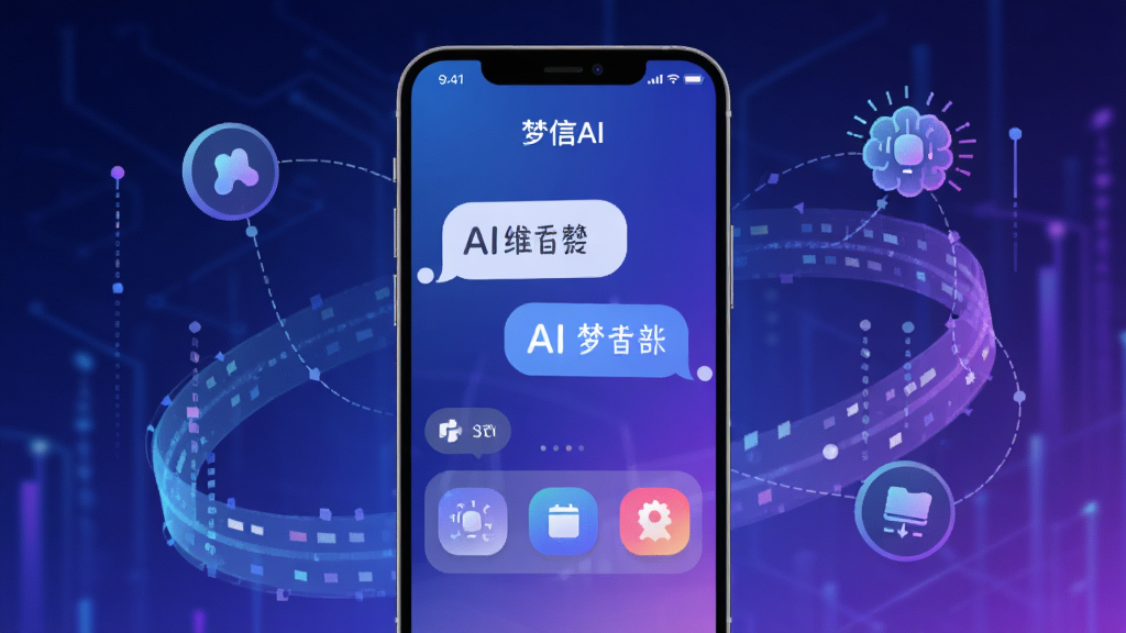 画面中央展示一款名为“梦信AI”的智能手机应用界面,手机屏幕内呈现AI对话气泡与功能图标,背景为渐变蓝紫色科技感光效,周围环绕抽象的数据流与人工智能元素,整体布局简洁大气,风格现代扁平化,细节精致,画质清晰干净,无多余元素。