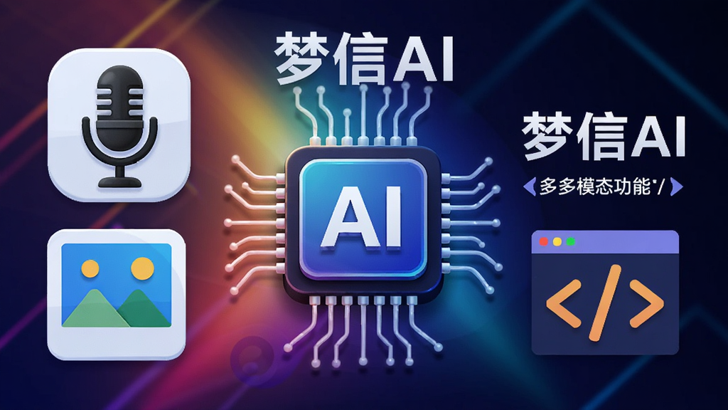 展示“梦信AI”多模态功能的创意海报,画面左侧为麦克风与图片图标,右侧为文字与代码符号,中央为AI核心芯片,背景为多彩渐变光效,构图左右对称,排版简洁,风格现代插画,细节清晰,画质干净,无多余元素。
