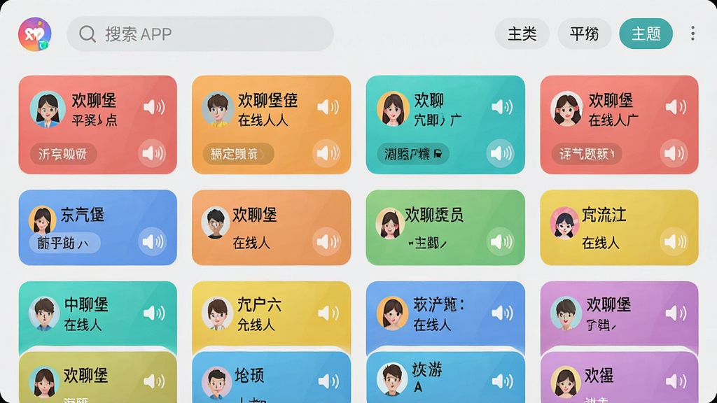 图片主体为欢聊堡APP的语音房间界面截图,展示多个彩色卡片式房间列表,每个卡片上有房间名称、在线人数和主题标签。顶部有搜索栏和分类筛选按钮,背景为浅灰色,整体布局为网格状,排版整齐。风格为清新UI设计,细节包括头像和音量波动图标,画质清晰干净,无多余元素,图片中文字显示“欢聊堡语音房间”。