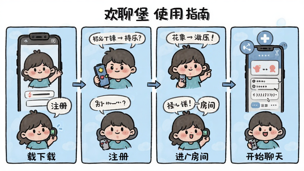 图片主体为欢聊堡APP的操作教程示意图,采用分步骤图解形式,共四格漫画风格,依次展示下载、注册、进入房间、开始聊天。人物使用可爱的卡通形象,背景为浅蓝色,布局为从左到右的流程,排版清晰。风格为手绘插画风,细节包括对话框和箭头指引,画质干净,无多余元素,图片中文字显示“欢聊堡使用指南”。