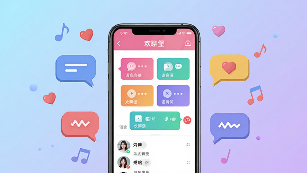 图片主体为欢聊堡APP的官方宣传主视觉图,画面中央是一部智能手机,屏幕内展示欢聊堡的聊天主界面,包含多个彩色语音房间入口和好友列表。手机周围漂浮着对话气泡、爱心和音符图标,背景采用活泼的渐变色(从淡蓝色到淡紫色),整体布局居中对称,排版清晰。风格为现代扁平插画风,细节丰富,画质高清干净,无多余元素,图片中文字显示“欢聊堡”字样。