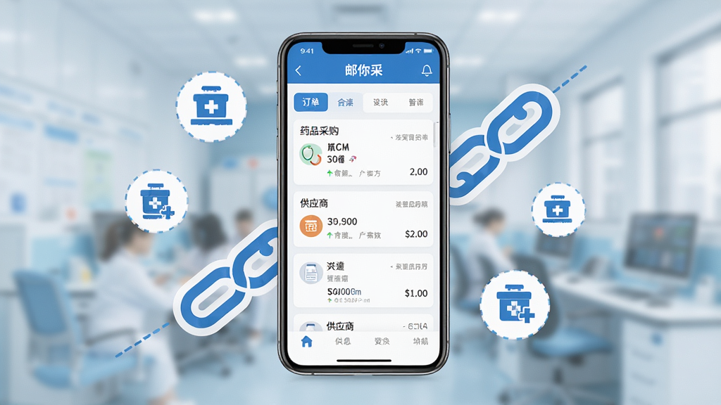 主体:一部正在运行邮你采应用的智能手机,屏幕显示药品采购订单列表和供应商信息。布局:手机居中,屏幕内容清晰可辨,周围有简洁的医药图标和链条图形环绕。排版:画面干净,虚化背景,突出手机屏幕。风格:现代商务科技感,蓝白主色调,扁平化设计。细节:屏幕上有“邮你采”字样和订单数据,光线柔和,无多余元素。画质:高清渲染,干净,无多余元素。