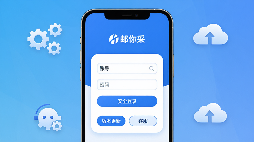 主体:智能手机屏幕显示邮你采登录页面,下方有“版本更新”和“客服”按钮。布局:手机竖屏居中,背景为纯色渐变,周围有齿轮和云朵图标。排版:简洁,突出登录框和按钮。风格:科技感,蓝白配色,圆角设计。细节:屏幕有“邮你采”logo,“账号”、“密码”输入框,以及“安全登录”字样。画质:高清,干净,无多余元素。