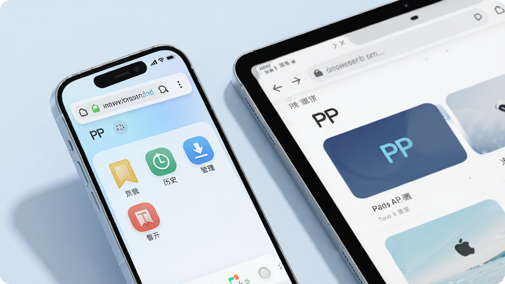 主体:一部iPhone手机屏幕显示PP浏览器主界面,界面简洁现代,背景为淡蓝色渐变,浏览器地址栏位于顶部,下方有多个彩色功能图标,如书签、历史、下载管理等,手机旁边放着一台iPad,屏幕上同样显示PP浏览器页面,周围有柔和的光影效果,布局为左右分布,主体突出,风格为科技感3D渲染,细节清晰,画质高清干净无多余元素