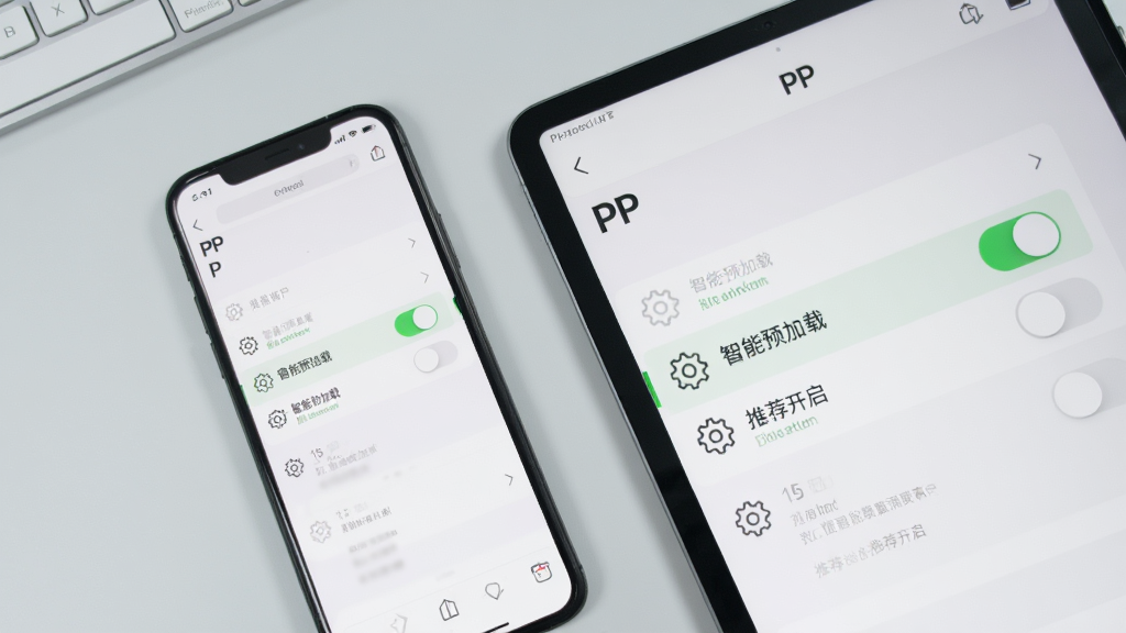 主体:一部iPhone和一部iPad并排放在桌面上,屏幕都显示PP浏览器的设置界面,其中“智能预加载”选项被高亮,周围有齿轮图标和滑动开关,背景为干净的浅灰色办公桌,布局为俯视图,风格为简约科技感,细节包括开关的绿色状态和“推荐开启”文字,画质干净无多余元素