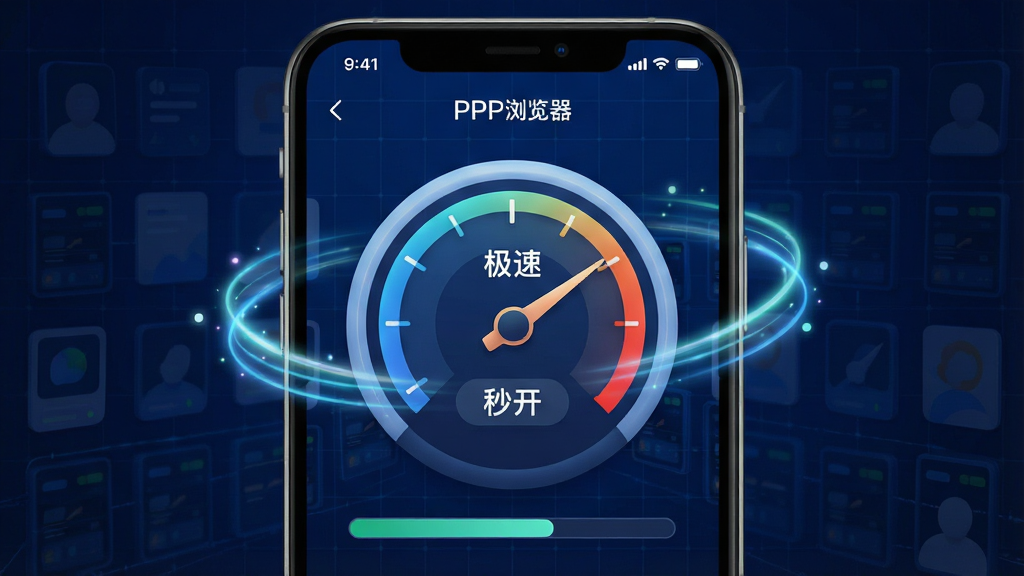 主体:PP浏览器应用界面在iPhone上展示一个网页快速加载的过程,屏幕中央显示一个圆形速度仪表盘,指针指向“极速”区域,周围有流动的光线特效,背景为深蓝色科技感网格,布局为居中构图,风格为扁平化结合3D元素,细节包括加载进度条和“秒开”字样,画质干净无多余元素