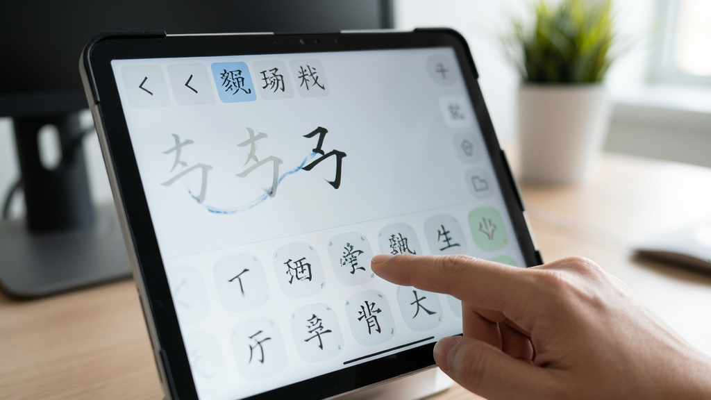 一张手部特写照片,手指正在点击正宗笔画输入法的笔画按键,屏幕上显示对应的笔画轨迹和候选汉字,背景为干净的室内办公环境,画面清晰自然,风格写实,画质高清,干净,无多余元素