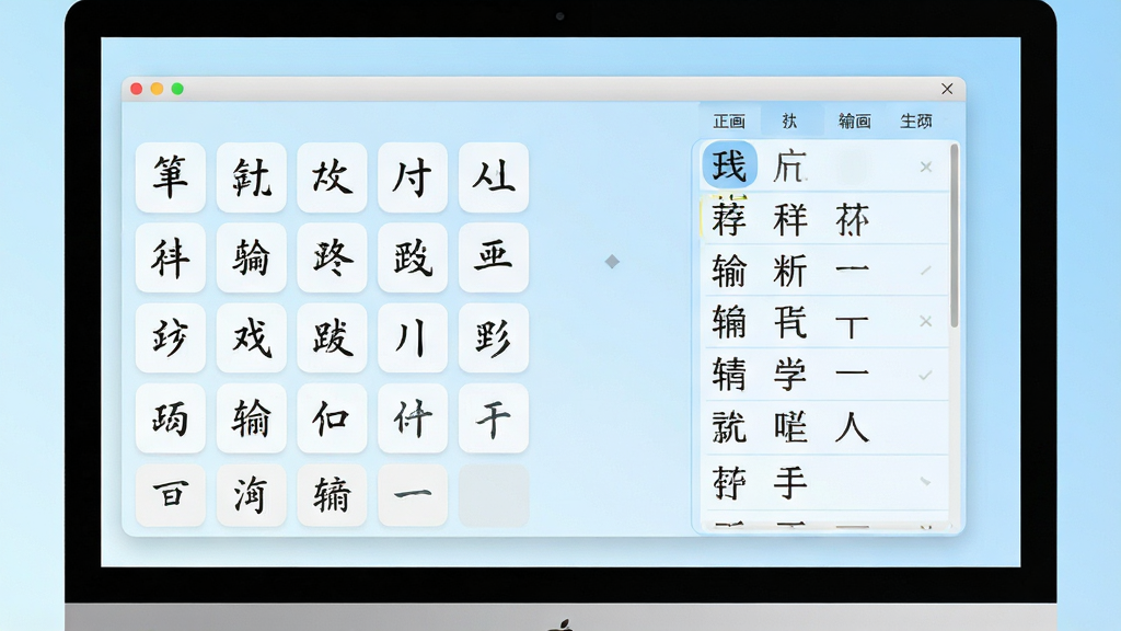 一幅简洁明亮的电脑屏幕特写,屏幕上显示正宗笔画输入法的主界面,界面干净清爽,左侧是笔画按键排列,右侧是候选字列表,背景为浅蓝色渐变,整体风格现代简约,画质高清,干净,无多余元素
