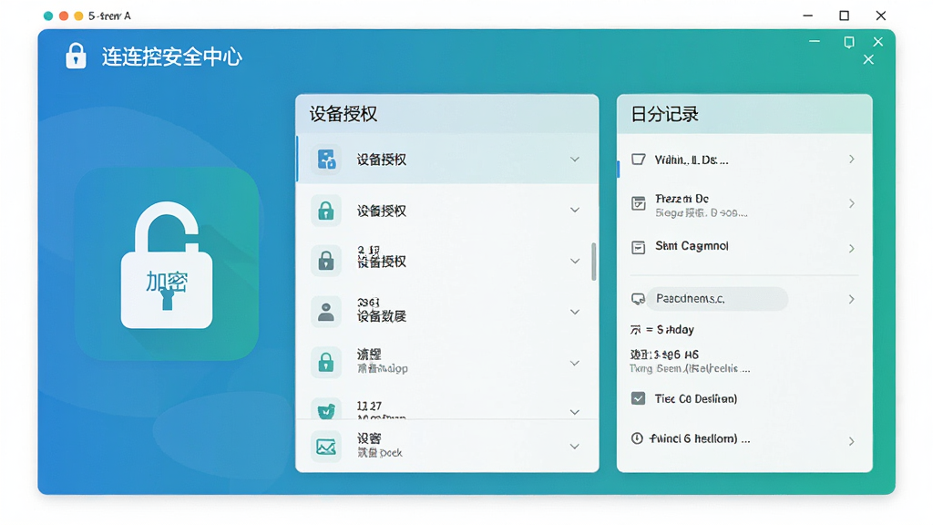连连控安全中心界面图,展示加密锁图标、设备授权列表、日志记录,界面清晰,蓝绿色调,现代扁平化设计,高分辨率,画质干净,无多余元素