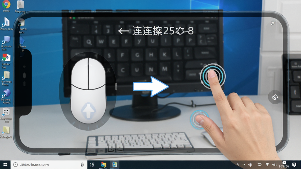 连连控手机端操控截图,展示虚拟鼠标和触控手势,背景为电脑桌面,界面简洁,指引清晰,高分辨率,干净无多余元素