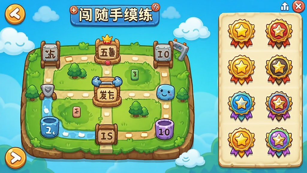 五笔打字随手练闯关模式界面,主体为关卡地图与成就徽章展示,布局活泼,色彩明亮,风格卡通,细节丰富,画质干净