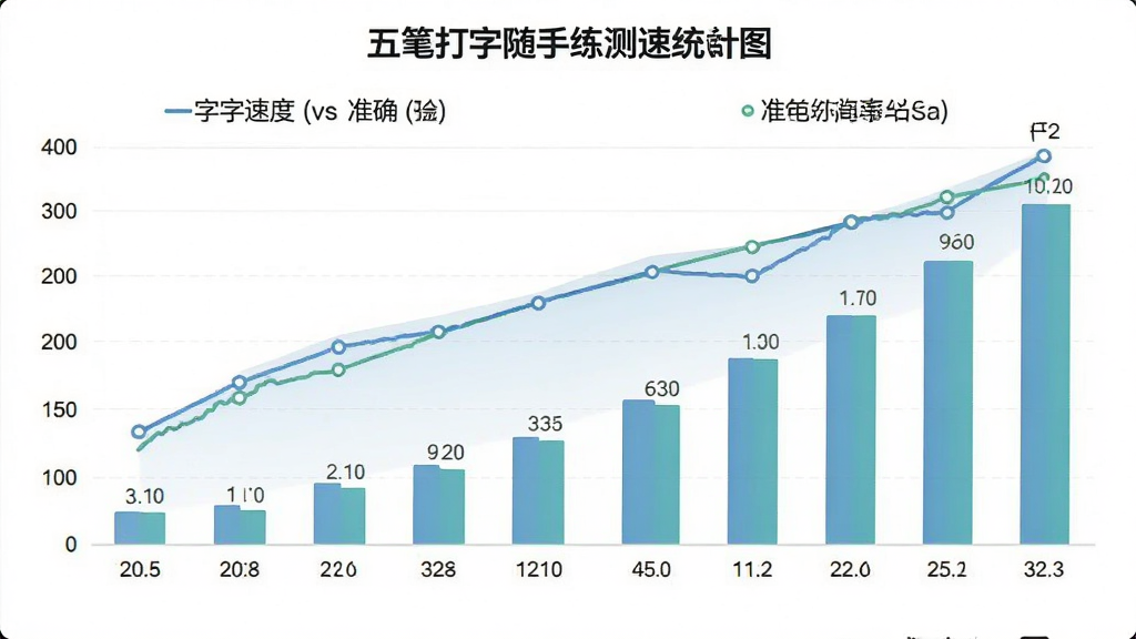 五笔打字随手练测速统计图表,主体为折线图与柱状图组合,展示打字速度与准确率变化,布局规整,风格清新,细节精致,画质干净