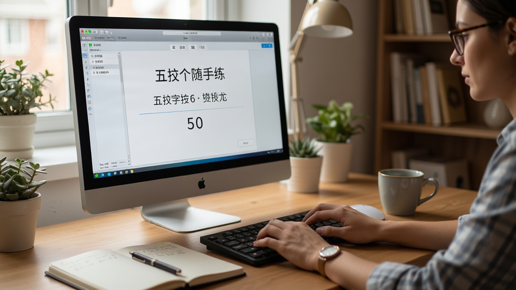 五笔打字随手练练习场景图,主体为电脑屏幕显示打字练习界面,旁边有笔记本和咖啡杯,布局温馨,风格写实,细节丰富,画质干净