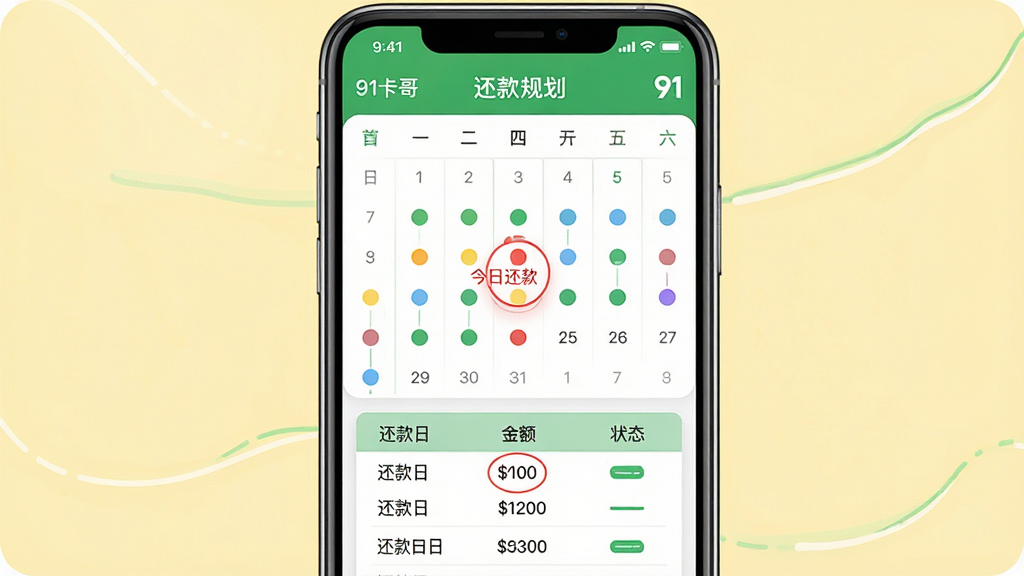 主体:91卡哥信用卡管理软件的智能还款规划功能,画面显示一个手机屏幕,屏幕中有一个日历视图,日历上标记着不同颜色的还款日圆点,下方是还款计划列表。布局:手机屏幕居中,背景为淡黄色,屏幕上方有“还款规划”标题,下方是计划详情。排版:日历占据上半部分,列表占据下半部分,列表每行包含“还款日”“金额”“状态”三列。风格:清新简约风格,色彩以绿色和白色为主,图表线条流畅。细节:屏幕中显示“91卡哥”logo,其中一个日期被红色圆圈标记并标注“今日还款”,画面干净整洁。画质:高清,光线均匀,无多余元素。