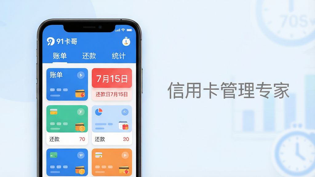 主体:91卡哥信用卡管理软件的主界面展示,一个清爽的智能手机屏幕占据画面中央,屏幕内显示彩色卡片列表和还款倒计时提醒图标。布局:手机位于画面中心偏左,右侧留白处用浅灰色字体标注“信用卡管理专家”字样,背景为淡蓝色渐变。排版:手机屏幕中的界面元素排列整齐,卡片以网格状分布,顶部有“账单”“还款”“统计”三个标签页。风格:现代扁平化设计,色彩明快,以蓝白为主色调,图标圆润。细节:屏幕中清晰显示“91卡哥”logo和“还款日7月15日”的红色提醒文字,画面干净无杂物。画质:高清渲染,光线柔和,整体干净无多余元素。