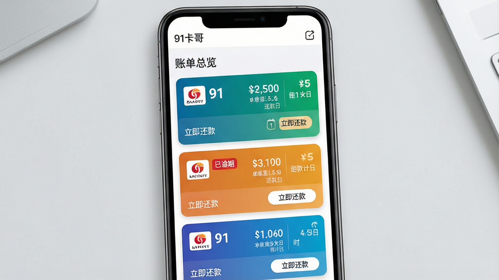 主体:91卡哥信用卡管理软件的账单聚合功能界面,画面展示一个手机屏幕,屏幕上排列着不同颜色代表不同银行的信用卡卡片,每张卡片下方显示账单金额和还款日倒计时。布局:手机屏幕位于画面中央,背景为浅灰色桌面,屏幕上方有“账单总览”四个字,下方是卡片列表。排版:卡片以垂直列表形式排列,每张卡片左侧为银行logo,右侧为数字信息,底部有“立即还款”按钮。风格:简洁商务风格,卡片采用圆角设计,色彩区分度高。细节:屏幕左上角显示“91卡哥”字样,其中一张卡片标注“已逾期”红色标签,画面清晰干净。画质:高分辨率,细节丰富,无多余元素。
