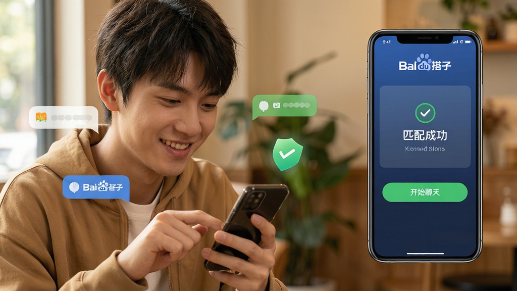 主体:百度搭子APP使用场景,一个年轻人在手机上操作,周围有聊天气泡和匹配成功图标。布局:人物位于画面左侧,右侧展示手机界面截图。排版:自然生活化场景。风格:写实摄影风格,暖色调。细节:手机屏幕上显示“匹配成功”和“开始聊天”按钮,人物面带微笑。画质:高清,干净,无多余元素。