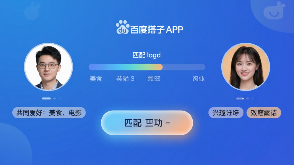 主体:百度搭子APP的匹配功能界面,展示两个用户头像匹配成功。布局:界面中央显示匹配进度条,左右两侧分别是用户头像和兴趣标签。排版:信息层级分明,突出匹配按钮。风格:科技感与温馨感结合,蓝色渐变背景。细节:头像下方有“共同爱好:美食、电影”等标签,匹配按钮发出柔和光芒。画质:高清,干净,无多余元素。