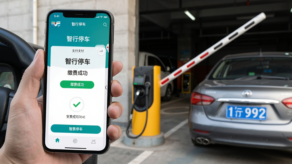主体:车主手持手机使用智行停车APP完成缴费,布局:前景为手机屏幕显示支付成功页面,背景为停车场出口闸杆抬起,排版:左右结构,手机在左,场景在右,风格:写实摄影,细节:手机屏上有“智行停车”和“缴费成功”字样,车牌清晰,画质:高清,干净,无多余元素