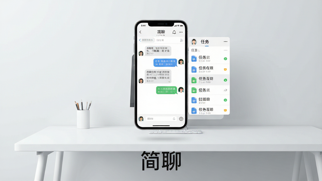 一幅现代商务风格的宣传海报,主体是“简聊”APP界面悬浮在干净的工作桌面上,背景为浅灰色渐变,界面内显示清晰的对话框和任务列表,布局居中,排版简洁,扁平化设计风格,细节包括消息气泡和文件图标,画质高清干净,无多余元素,海报下方有“简聊”字样