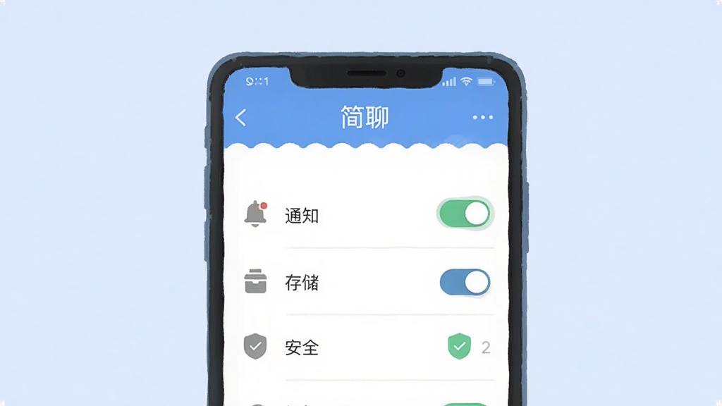 简约风格的教程插图,主体为手机屏幕显示“简聊”设置页面,背景为淡蓝色,布局居中,有“通知”“存储”“安全”等菜单项,排版清晰,扁平化插画风格,细节包括开关按钮和图标,画质干净,无多余元素
