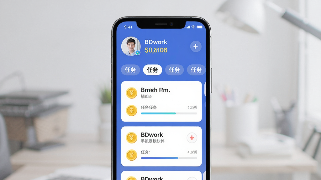BDwork手机兼职软件主界面预览图,主体为一部智能手机屏幕展示任务列表,布局清晰,上方显示用户头像与余额,中部为分类标签与任务卡片,排版简洁明快,风格现代扁平,细节包含金币图标与任务进度条,画质高清,干净无多余元素