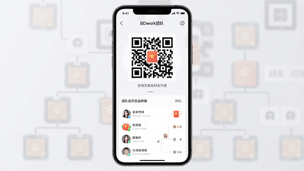 BDwork团队邀请页面示意图,主体为手机界面展示邀请二维码与好友列表,布局上下结构,上方为二维码,下方为团队成员收益明细,排版清晰,风格商务简约,细节有现金红包图标与层级树状图,画质高清,干净无多余元素