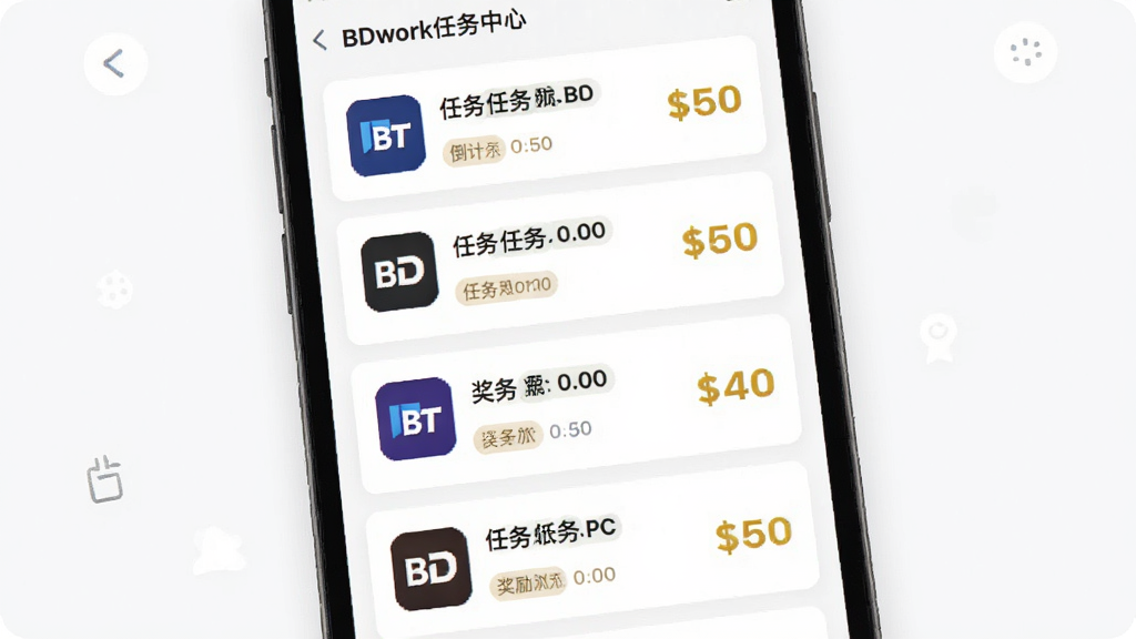 BDwork任务中心界面展示图,主体为手机屏幕上的任务列表,布局为纵向排列的任务卡片,每个卡片包含平台图标与奖励金币,排版整齐,风格清新简洁,细节有任务标签与倒计时,画质清晰,干净无多余元素