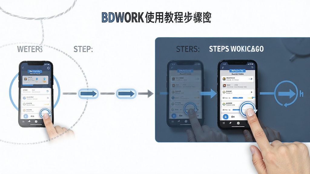 BDwork使用教程步骤图,主体为手机操作流程的序列图,布局为左右滑动式步骤展示,排版清晰,风格教学化,细节包含手指点击动作与界面切换,画质高清,干净无多余元素
