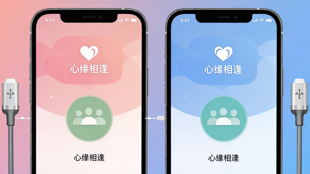主体为两部手机并排展示,屏幕中显示匹配成功界面,带有“心缘相逢”Logo,背景为渐变色,布局左右对称,风格简洁科技感,细节展示连接线与人形图标,画质清晰,无多余元素。