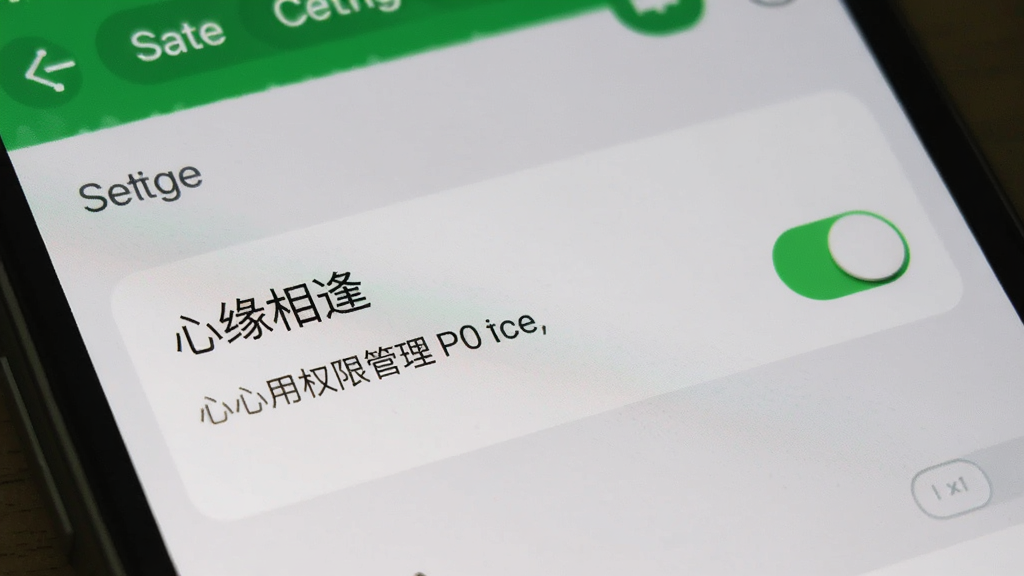 主体为手机设置界面,显示“心缘相逢”的权限管理选项,背景为系统设置页,布局清晰,风格写实,细节包括开关按钮,画质干净,无多余元素。