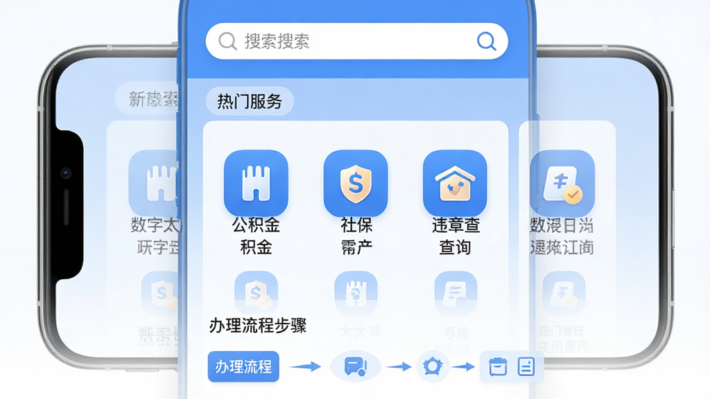 主体:“数字太原”APP政务办事功能界面,显示公积金、社保、违章查询等业务图标。布局:手机屏幕占主体,下方配有办理流程步骤图示意。排版:功能列表清晰,顶部搜索框和“热门服务”标签明显。风格:商务简约,蓝白配色,图标圆润。细节:每个图标下方有中文名称,背景为淡蓝色渐变。画质:高清,干净,无多余元素。